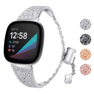 fb.m131.ss Gallery Silver StrapsCo Cuff Chain Womens Watch Bracelet with Rhinestones for Fitbit Versa 3 Fitbit Sense